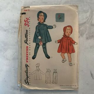 Vtg 1950s Simplicity Pattern 3698 Toddler Girl Coat Bonnet Leggings Transfer Sz3