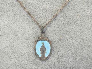 Vintage Antique Sterling Silver Guilloche Enamel Virgin Mary 3/4 " Medal & Chain
