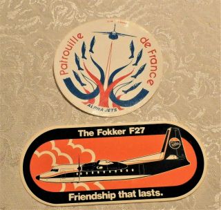 2 Vintage Aviation Stickers: Fokker F27 & Patrouille De France Alpha Jets Rare