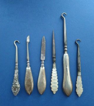 6 X Antique Sterling Silver & Mother Of Pearl Button Hooks