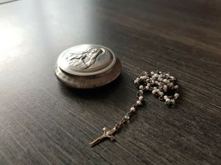 Antique Metal Rosary Box Maria With Glass Rosary