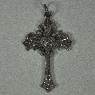 Vintage Sterling Silver Marcasite Religious Cross Pendant - - 817