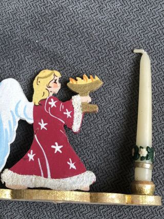 Vintage Erzgebirge Painted Wood Candleholder Angel Holding Candelabra