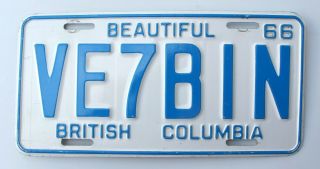 1966 British Columbia Canada Amateur Radio (ham) License Plate Ve7 - Bin