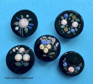 5 Antique Enamelled & Pietra Dura Floral Black Glass Buttons,  15mm To 19mm