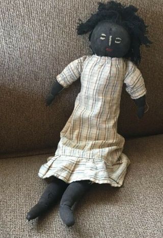 Antique Primitive Folk Art Rag Doll Black American Stocking Doll 1800s 16”