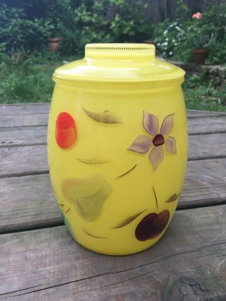 Vintage Bartlett Yellow W/flowers And Fruit Covered Glass Cookie Jar
