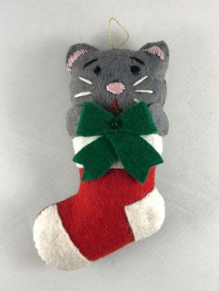 Cute Felt Handmade Gray Cat Kitten In Christmas Stocking Christmas Ornament