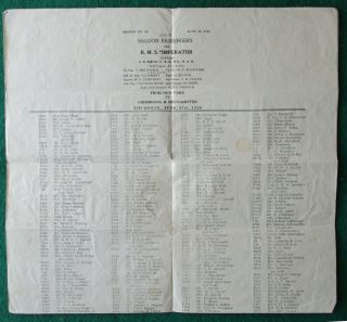 Moving Saloon Passenger List Broadside Cunard Line Rms Imperator 1920