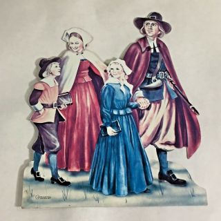 Vtg Thanksgiving Carrington Die - Cut Decoration Boy & Girl Pilgrim Family W Bible