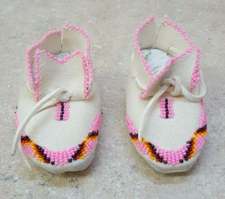 Hand Crafted Pink Beaded White Buckskin Native American Indian Baby Moccasins