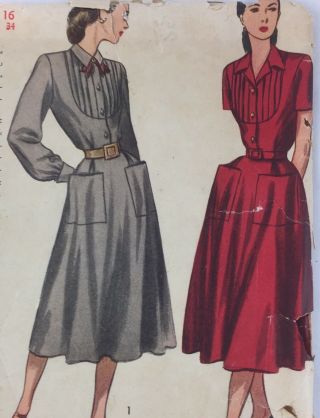 1940’s Simplicity Vtg Sewing Dress Pattern 2285 Size 16 Bust 34