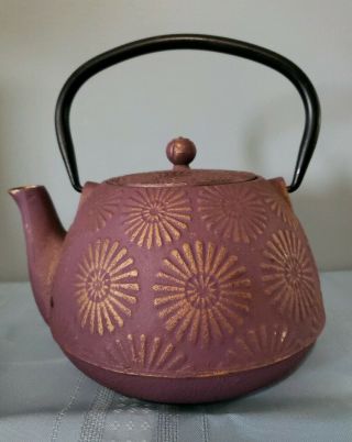 Japanese Purple Cast Iron Tea Pot With Strainer Large Floral Pattern