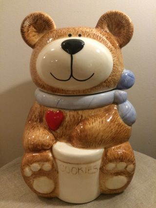 Vintage 1980s Ceramic Teddy Bear Cookie Jar With Blue Bow,  Heart,  And Cookie Jar