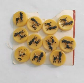 Set Of 11 Vintage Yellow Lucite 2 - Hole Buttons With Black Enamel Poodles