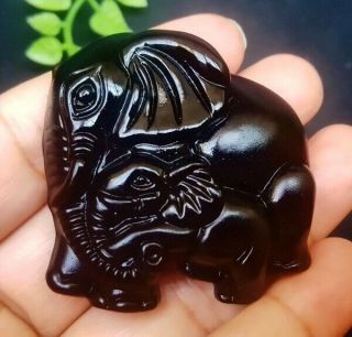 40g Natural Obsidian Stone Hand Carved Elephant Charm Pendant Necklace A725