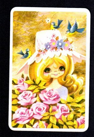 Vintage Joy Swap Card - Pretty Girl With Pink Roses (blank Back)