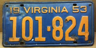 Rare 1953 (virginia) 101 - 824.  License Plate - Vintage