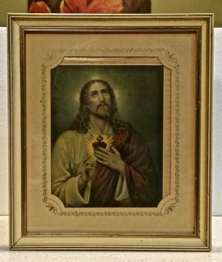 Vintage Framed Picture Of Jesus Sacred Heart 14 1/2 " X 12 1/2 "