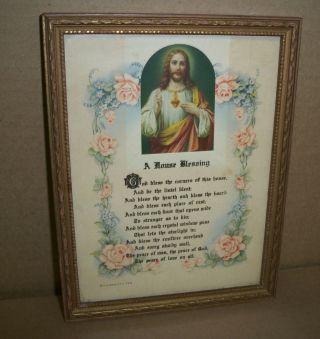 Vintage House Blessing Print In Wood Frame Sacred Heart Jesus Old