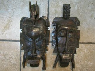 2 Vintage Senufu Bird Crest Hand Carved Wood Mask Ivory Coast African Tribal Art