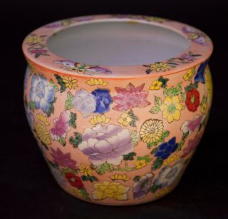Vintage Chinese Floral Painted Porcelain Planter Pot 6.  5 " Tall X 8 " Diameter