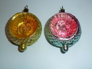2 Vintage Christmas Tree Glass Ornaments Ribbed,  Nipple,  Double Indented
