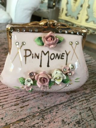 Vintage Lefton Pink Pin Money Bank Rhinestones Applied Pink Yellow Roses Gold