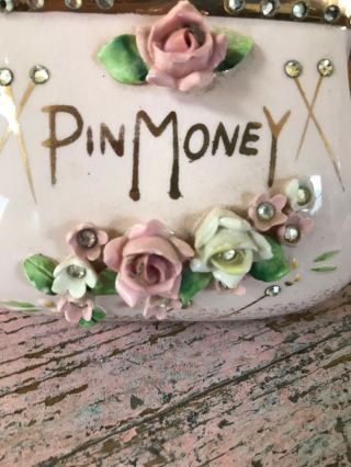 Vintage Lefton Pink Pin Money Bank Rhinestones Applied Pink Yellow Roses Gold 2