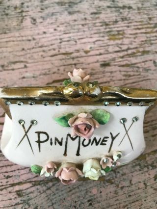 Vintage Lefton Pink Pin Money Bank Rhinestones Applied Pink Yellow Roses Gold 4