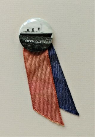 French Line - Normandie Pinback Button With Ribbon,  C.  1930 