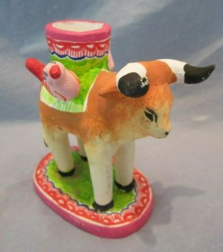 Mexico Bull Mexican Ceramic Pottery Hand Crafted Folk Art Candle Holder & Bird