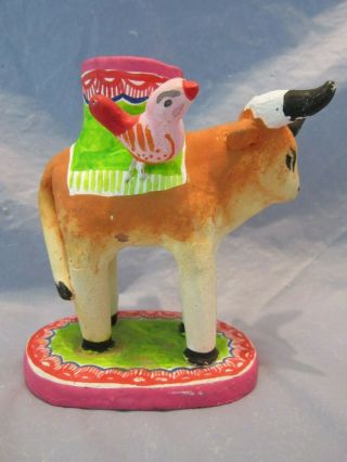 MEXICO BULL MEXICAN CERAMIC POTTERY HAND CRAFTED FOLK ART CANDLE HOLDER & BIRD 2