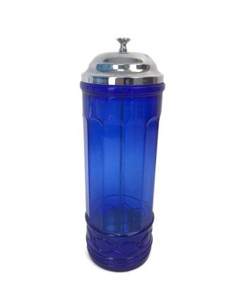 Contemporary Cobalt Blue Glass Straw Holder Dispenser Chrome Lid Kitchen Decor