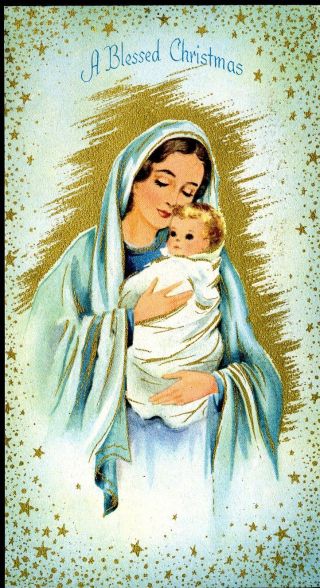 Vintage Christmas Card Mother Mary Baby Jesus Gold Stars Gold Tone Front Only