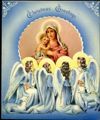 Vintage Christmas Card Die - Cut Mother Mary Baby Jesus Angels Embossed
