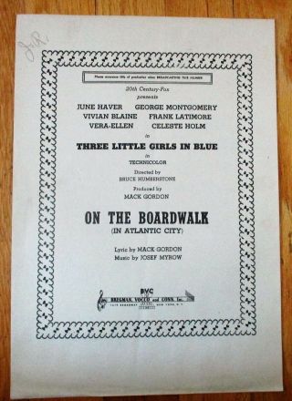 On The Boardwalk In Atlantic City " Three Little Girls In Blue " Sheet Music 1946