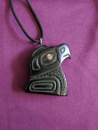 Northwest Coast First Nations Hand Carved Argillite Pendant " Haida Eagle "