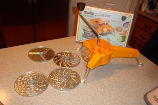 Vintage Mouli Julienne 445 Rotary Shredder Grater Slicer Orange 5 Disks