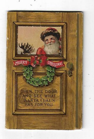 Old Merry Christmas Card Holds Coin As Presnet Santa Claus Open Door To See Coin