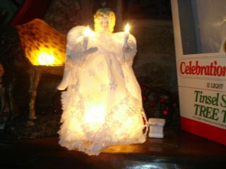 Vtg 1960s Lighted Angel Christmas Tree Topper 8 1/2 " Tall Lace Blond Hair