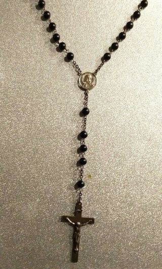 Vintage Sterling Silver Crucifix Black Beads Rosary