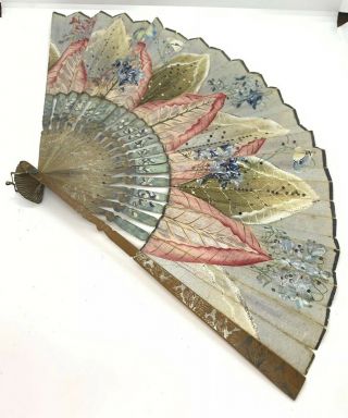 Vtg Hand Painted Sequence Wooden 10” Floral Asian Hand Fan