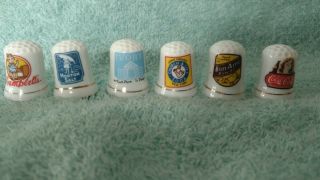 6 Vintage Advertising Sewing Thimbles Coca Cola Ivory Campbells Soup Morton Salt