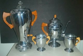 Vintage La Belle Silver Co Coffee Urn Percolator Tea Pot Sugar Creamer Bakelite