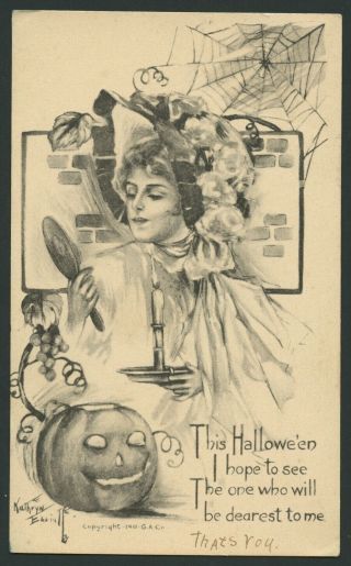 1914 Halloween Postcard Jack - O - Lanterns Women Looking In Mirror Kathryn Elliot