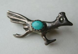 Vintage Navajo Indian Sterling Silver Turquoise Sandcast Roadrunner Brooch Pin