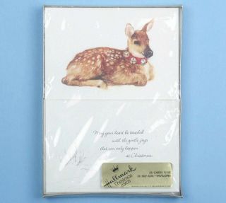 Vintage Box Of 25 Hallmark Christmas Cards Fawn With Bells Deer