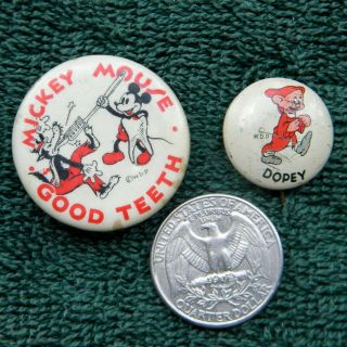 Dopey Donald Duck Peanut Butter & Mickey Mouse Good Teeth Vintage Pinback Button