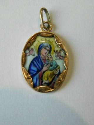 Vintage 10k Yellow Gold Enamel Charm Pendant Of Our Lady Of Perpetual Help